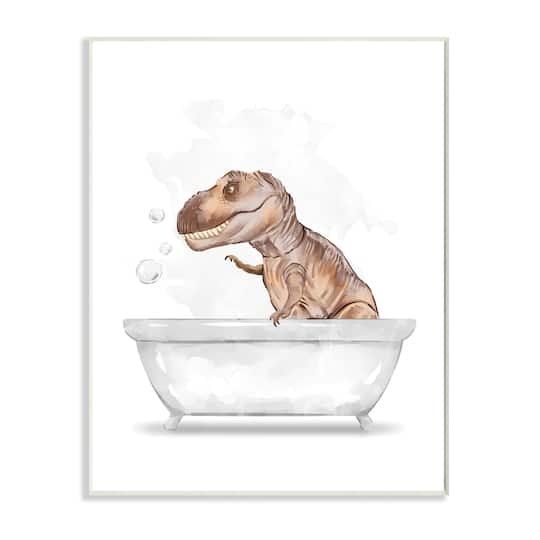 Stupell Industries T-Rex Dinosaur in Bubble Bath White Brown Wood Wall Plaque
